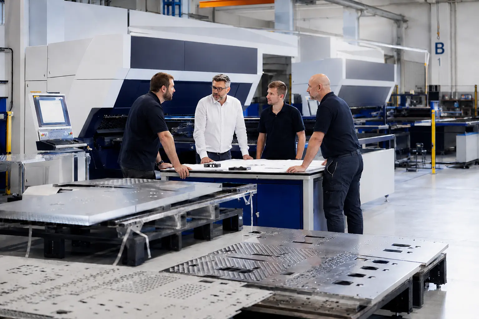 Tecnico che controlla una macchina per lavorazioni lamiera