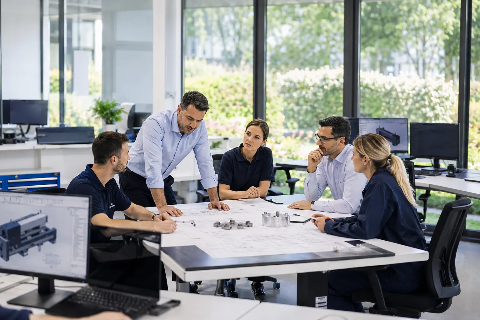 Tecnici in officina con componenti in lamiera lavorata