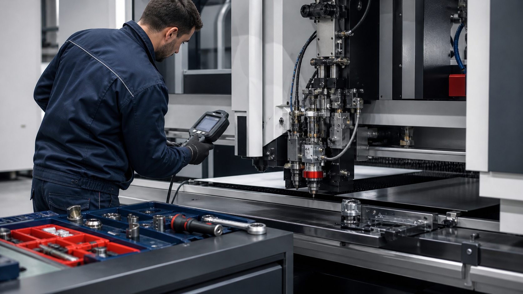 Tecnico che controlla una macchina per lavorazioni lamiera