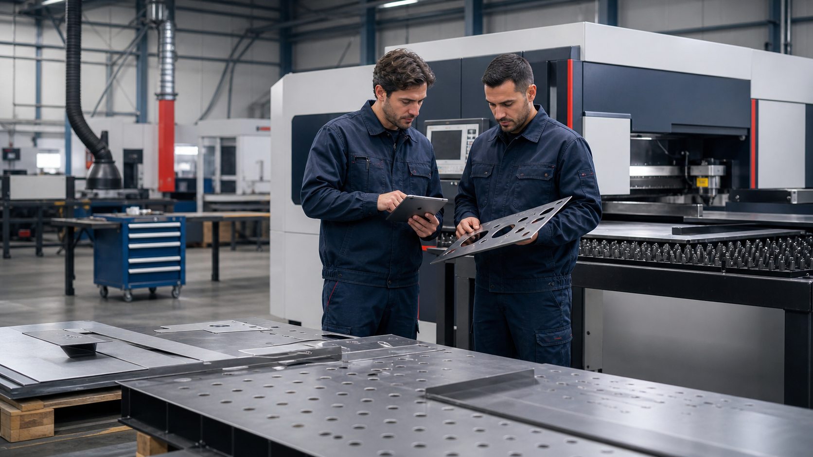 Tecnici in officina con componenti in lamiera lavorata